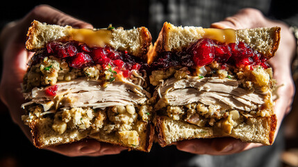 Extreme Close-Up of Thanksgiving Leftover Sandwich Cross-Section