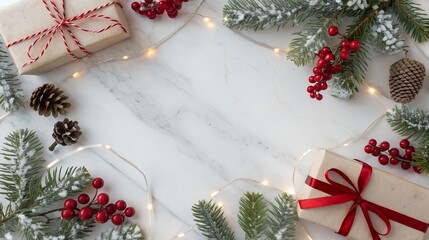 Christmas gift and fir branch isolated on white background