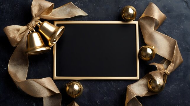 Festive Golden Christmas Ornaments and Bells Frame Black Space