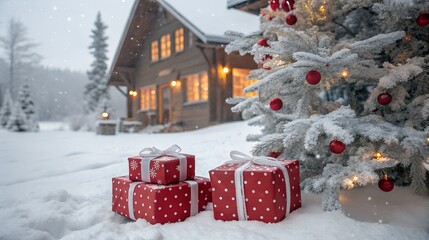 Christmas gifts and tree in front of cabin in snow