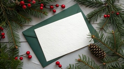 Blank card with christmas decorations on a wooden table