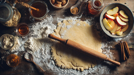 Overhead Shot of Messy Pie Preparation on Wooden Counter