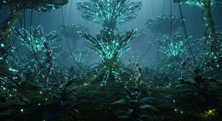 Mechanical beings explore a bioluminescent alien jungle environment