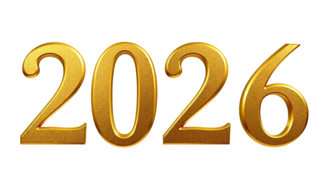Shiny metallic gold 3D number 2026 with realistic texture and lighting, isolated on transparent background for New Year or event design.