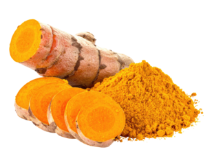 Sliced and whole root pieces with a mound of dried, yellow spice, showcasing ingredients