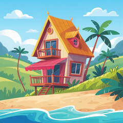 Charming 3d rendered beach house on a sunny shore 