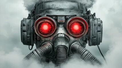 Futuristic gas mask with glowing red eyes surrounded by thick smoke in a dystopian setting - Powered by Adobe