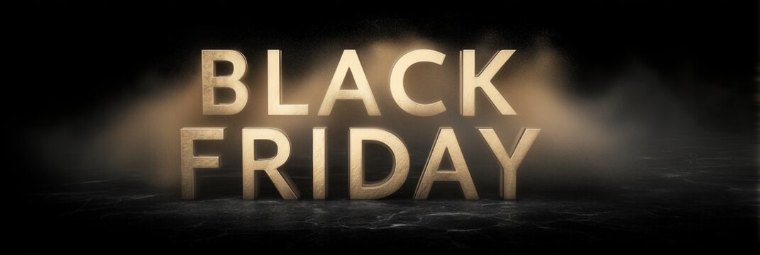 Black Friday promo banner with chrome letters on black marble surface, abstract gold brushstrokes, soft mist