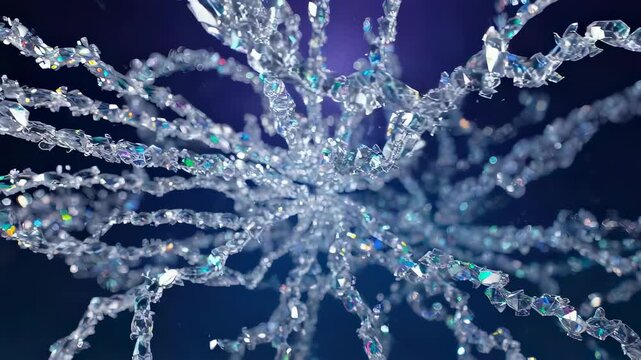 Intricate crystalline vines intertwine in a radial formation, shimmering under ethereal light with refracted hues and delicate glass-like structure.