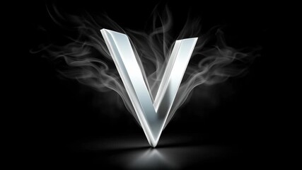 Mysterious shiny letter V with smoke effect on black background creates captivating and dramatic visual experience, conveying power and elegance
