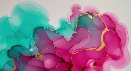 Vibrant magenta and teal alcohol ink flow with delicate gold accents creates an organic abstract background