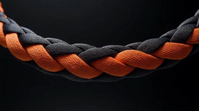 Intricate black and orange braided cord showcases craftsmanship in a close-up against a dark background