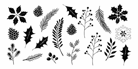 Collection of hand drawn black silhouette winter botanical elements including pine cones holly leaves pine branches and berries