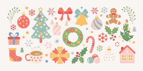 Collection of cute christmas decorations and elements in a flat design style