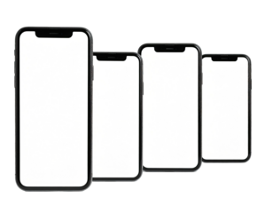 Four black smartphones arranged diagonally, displaying blank white screens, on a dark background