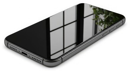 Sleek smartphone with a glossy black screen reflecting a bright window, showcasing modern technology and sophisticated design on a clean white surface