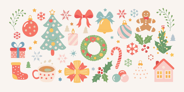 Collection of cute christmas decorations and elements in a flat design style