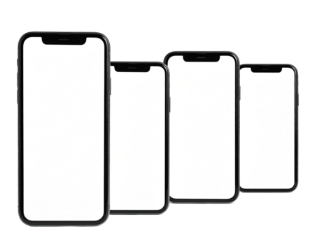 Four black smartphones arranged diagonally, displaying blank white screens, on a dark background