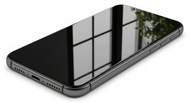 Sleek smartphone with a glossy black screen reflecting a bright window, showcasing modern technology and sophisticated design on a clean white surface
