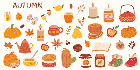 Cozy autumn collection of seasonal elements including pumpkins hot drinks and warm clothing