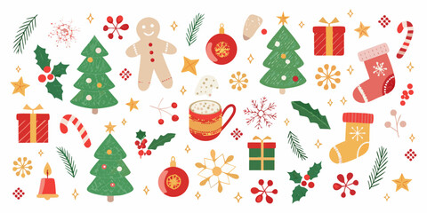 Whimsical christmas holiday elements collection with trees gifts ornaments and snowflakes