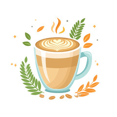 Latte art coffee cup with decorative leaves and steam on white background