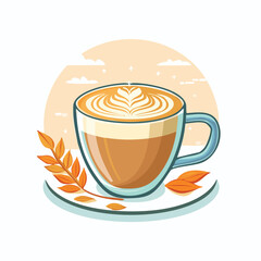 Vector illustration of latte art coffee with autumn leaves