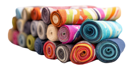  Rolled colorful fabrics stacked isolated on white background for textile photography, sewing projects, fashion design, and fabric collection display
