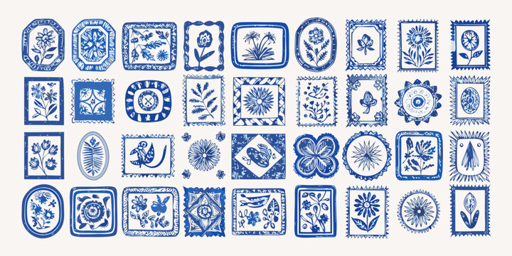 Collection of hand drawn blue and white decorative floral and bird motifs in square and oval frames
