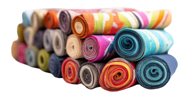  Rolled colorful fabrics stacked isolated on white background for textile photography, sewing projects, fashion design, and fabric collection display