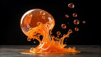 Colorful paint splashing from glass ball on wooden table against black background