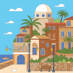 Charming mediterranean coastal town illustration 