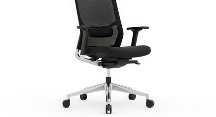Ergonomic office chair isolated on white background, featuring adjustable armrests, lumbar support, and breathable mesh back for comfortable and productive work