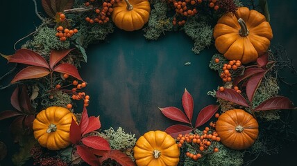 Happy Thanksgiving Day Autumn Background with Pumpkins and Fall Leaves