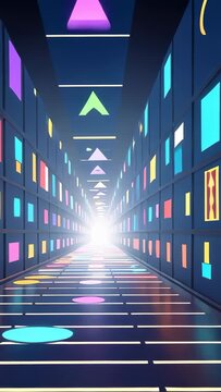 Vertical video: Moving camera gliding through neon corridor to portal revealing glowing shapes