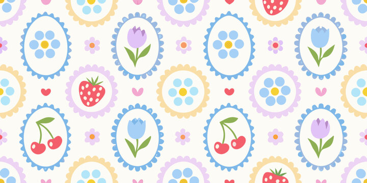 Cute kawaii seamless pattern with flowers fruits and hearts in pastel colors