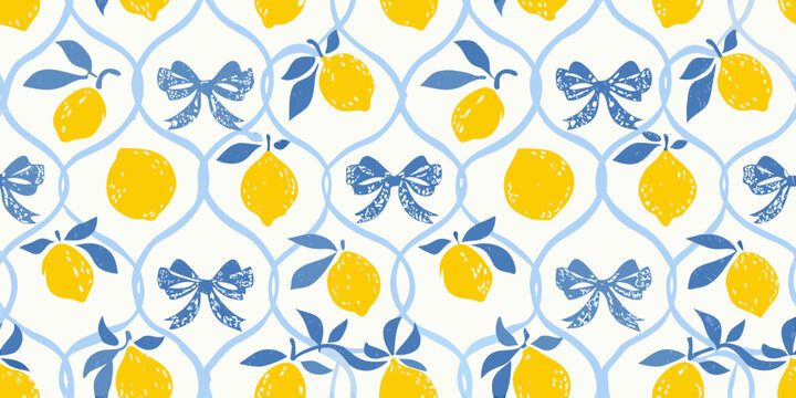 Charming yellow lemons and blue bows seamless pattern on a white lattice background