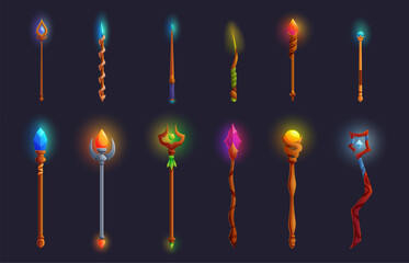 Wizard wooden staff. Magic wands, wooden metal staffs with gemstones. Witch tools for spells. Fairy tale cartoon elements, game design sapid vector set