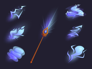 Wizard magic wand power. Lightning effects various design for magical staff. Glowing breakdown, energy spell light attack. Game design elements sapid vector set