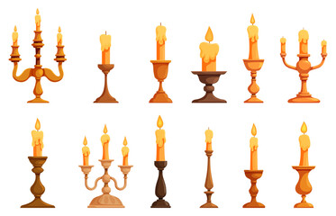 Vintage candlestick. Stylish candlesticks burning candles, retro style elements. Medieval style lighting. House or cafe decorations, cartoon sapid vector clipart