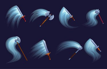 Cartoon weapon attack light effect. Hit shining effects from hammer axe sword. Iron warrior weapons, viking hits. War medieval game design sapid vector set