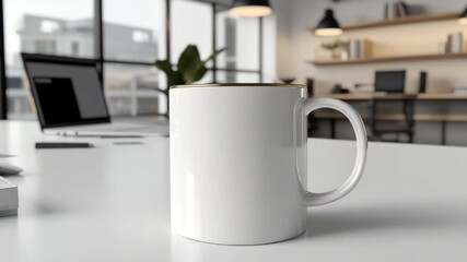White coffee mug on a modern office desk with laptop and open notebook in a bright workspace - Powered by Adobe