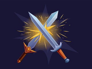 Swords battle cross with light effect. Fiery sparks from iron. Ancient warriors, medieval knight or viking battles element, steel strike, sapid vector scene