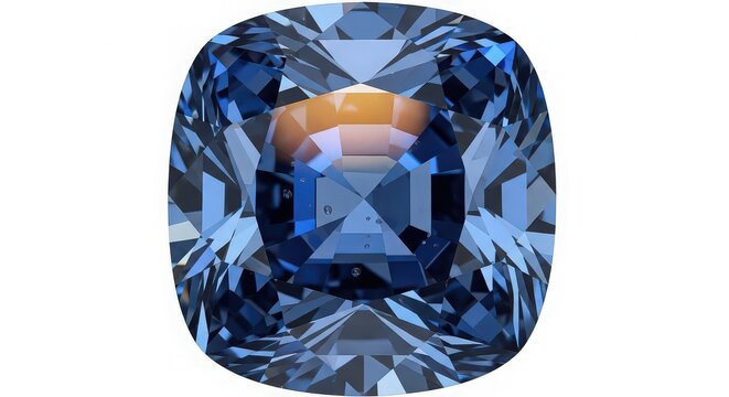 A mesmerizing blue gemstone, cut in a cushion shape, sparkles against an isolated on white background, showcasing its brilliance and captivating beauty