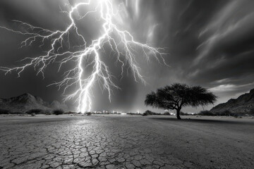 Dramatic lightning storm over a dry cracked desert landscape