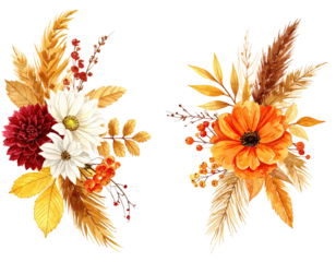 Two watercolor bouquets with autumnal blooms, featuring various flowers, leaves, and berries on black