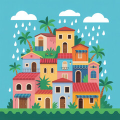 Vibrant hillside village with rain