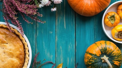 Happy Thanksgiving Day Autumn Background with Pumpkins and Pie