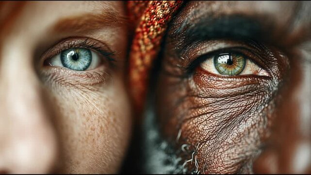 Two diverse human eyes close together showing contrast of blue and hazel colors detailed skin texture cultural diversity emotional cinematic atmosphere