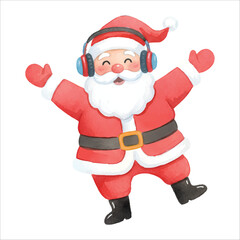 Santa with Headphones Dancing Watercolor Vector
